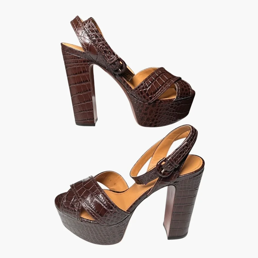 Ralph Lauren Purple Label Sandals Women US 8.5/EU 39 Brown Croc Embossed Leather